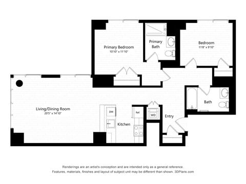 Floor plan for 2 beds, 2 baths, 1035 sqft